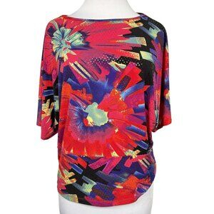 Clara Sun Woo Colorful Slinky Bold Abstract Floral Dolman Sleeve Top Sz M USA